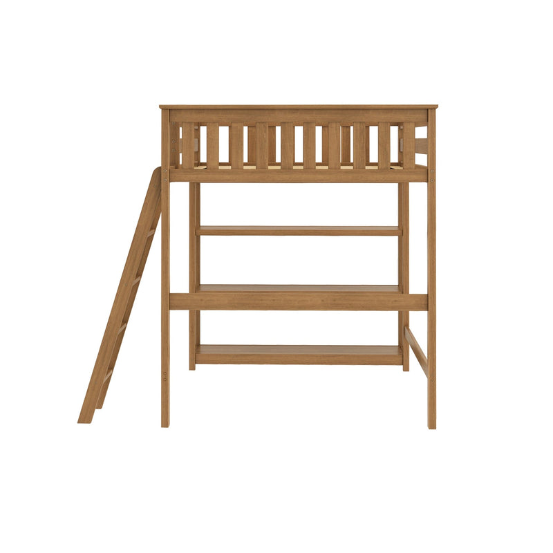 Natural wood loft bed frame with angled ladder and slatted guardrail, space-saving elevated bed