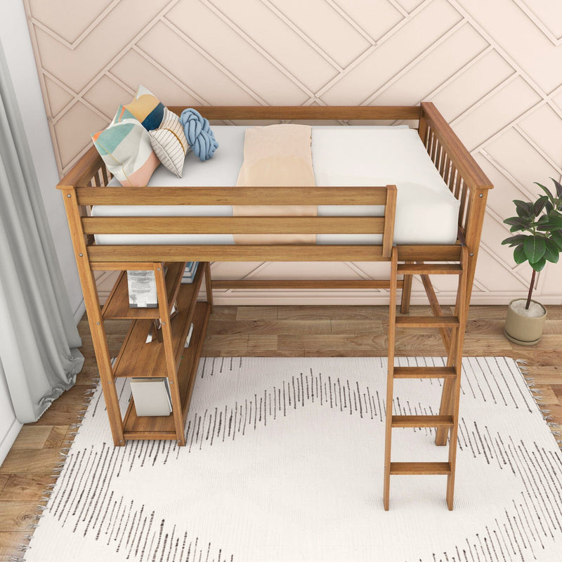 Modern wooden loft bed for kids with ladder and built-in storage shelves, pastel decorative pillows, pale pink geometric accent wall and area rug