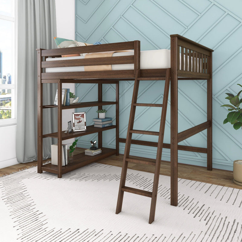 Space-saving dark wood loft bed with ladder and built-in shelves over white patterned rug against a blue geometric accent wall