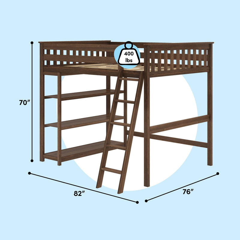 Brown wood-frame loft bed with angled ladder and built-in shelves, 82in x 76in x 70in, 400 lb weight capacity, space-saving single/twin loft bed for kids and small rooms