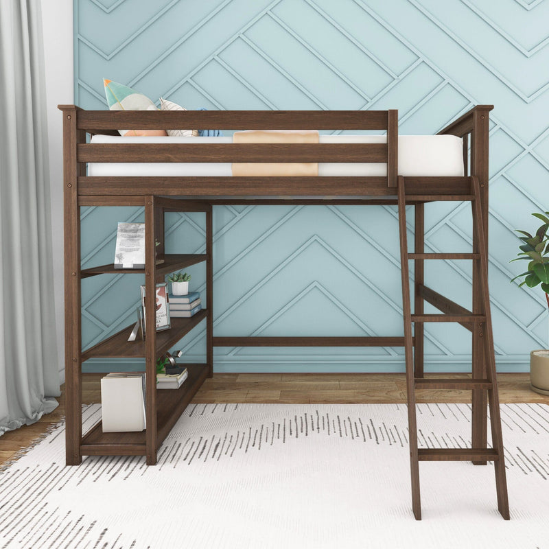Dark walnut wooden loft bed with ladder and built-in shelves, twin mattress in modern kids' room with blue geometric wall