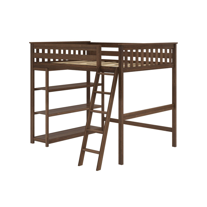 Dark brown wooden twin loft bed with angled ladder, three built-in open shelves and slatted guardrails — space-saving kids bedroom loft bed frame