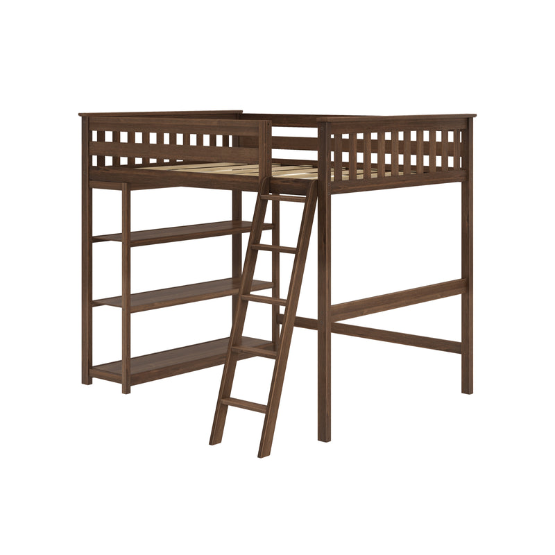 Dark brown wooden loft bed with ladder and built-in shelves, space-saving single/twin elevated bed frame