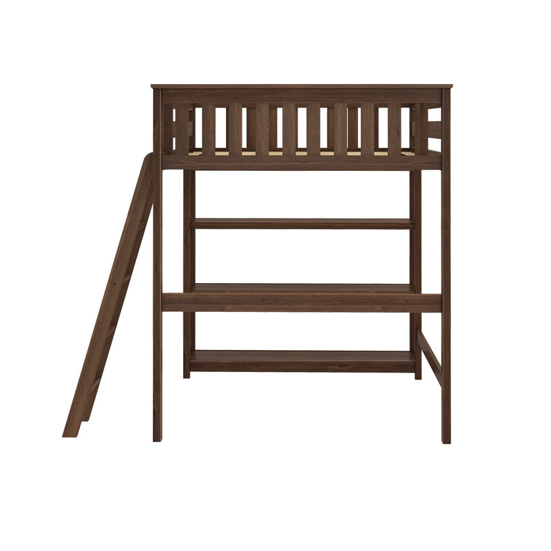 Wooden twin loft bed frame in dark walnut with ladder, slatted guardrail and open storage shelves underneath