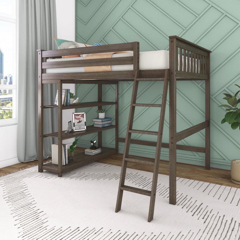 Dark wood loft bed with ladder and built-in shelves against a teal geometric accent wall in a modern kids bedroom, space-saving storage solution