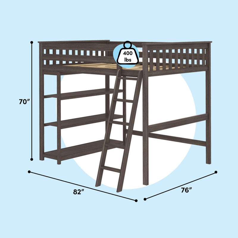 Dark brown wooden loft bed with ladder and guardrails, 70" height × 82" length × 76" depth, 400 lb weight capacity on light blue background