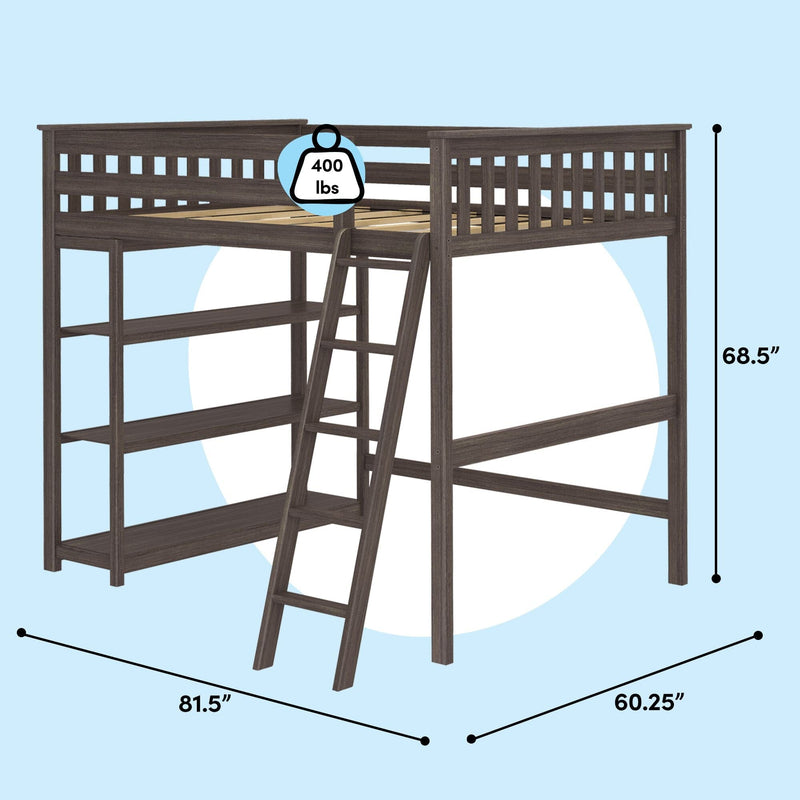 Dark gray wooden twin loft bed with ladder and built-in shelves, safety rails and 400 lb weight capacity; 68.5 in H, 81.5 in x 60.25 in footprint