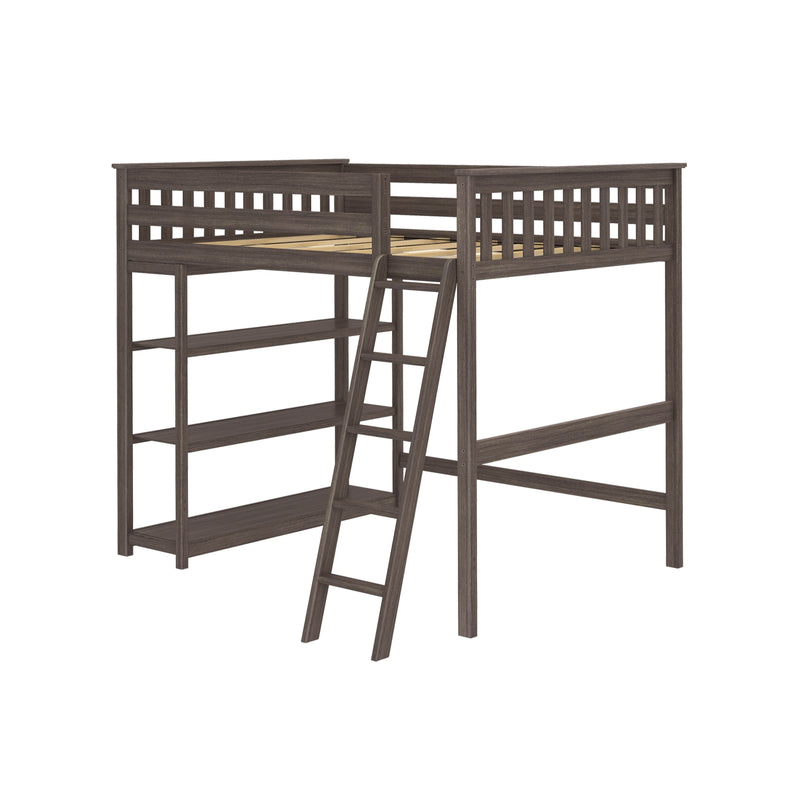 Twin loft bed frame in dark brown wood with angled ladder, built-in shelving and slatted mattress support — space-saving elevated bed for small bedrooms