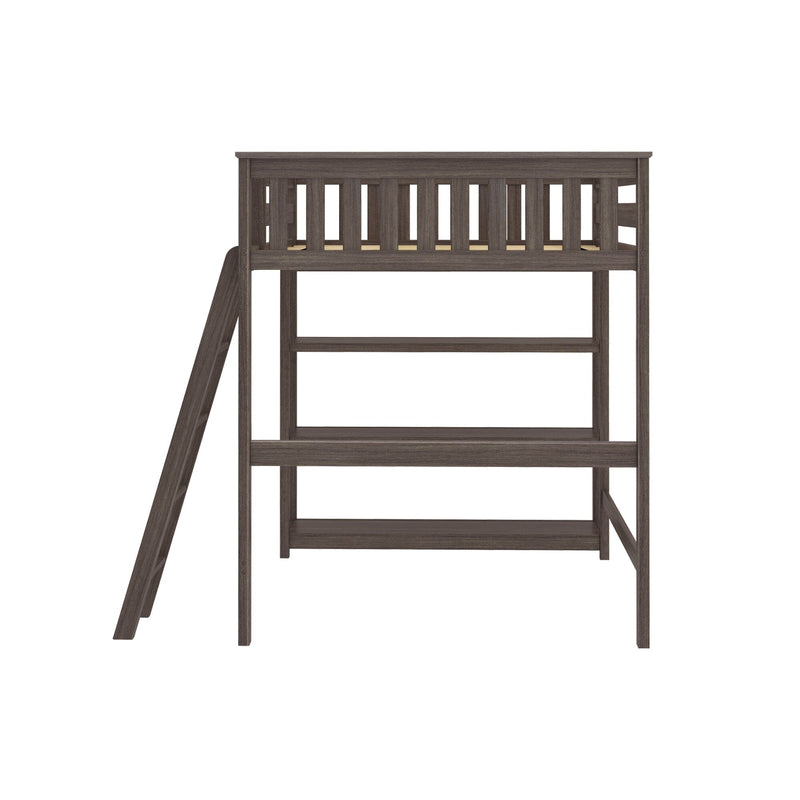 Dark gray wood twin loft bed frame with slatted guardrail and angled ladder, space-saving platform design for kids' bedrooms