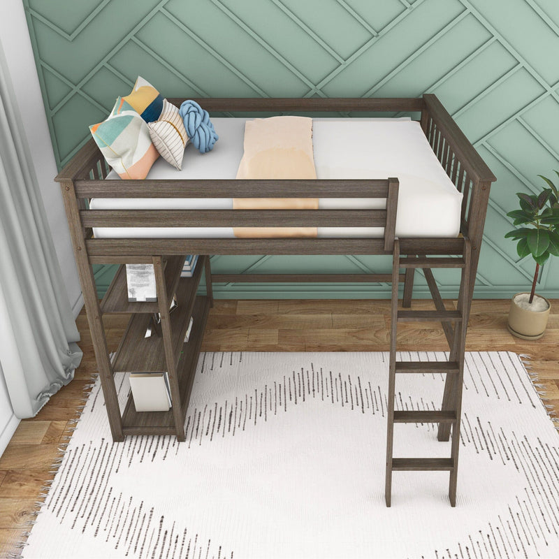 Dark wood loft bed with ladder and built-in shelving, patterned throw pillows and cream bedding against a teal geometric accent wall in a modern kids' bedroom/Nursery