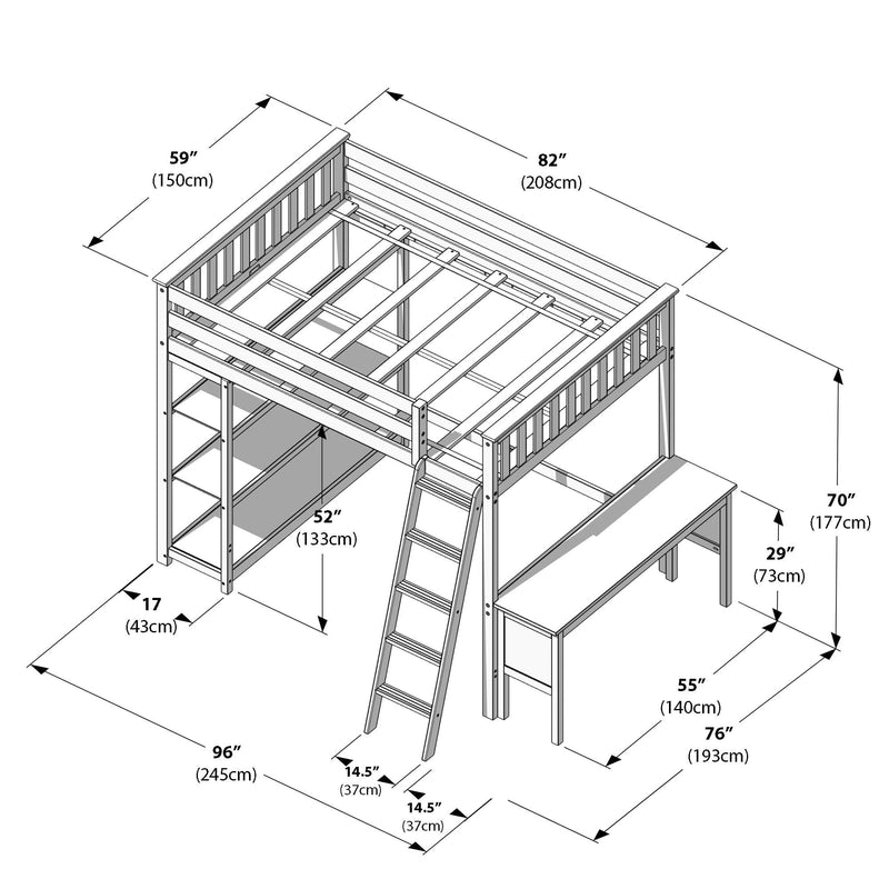 White wooden loft bed with angled ladder, built-in shelving and long under-bed desk/bench; upper sleeping platform 82" x 59" (208 x 150 cm), overall dimensions 96" x 76" x 70" (245 x 193 x 177 cm) — loft bed with desk and storage, assembly dimensions diagram