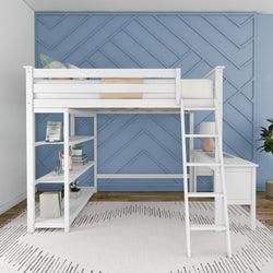 White loft bed with ladder, blue accent wall, and study area featuring a desk and shelves, ideal for space-saving bedroom design.