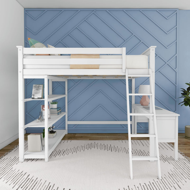 White twin loft bed with built-in desk and shelving against blue geometric accent wall — space-saving kids or teen bedroom furniture