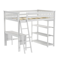 White loft bed with integrated desk, ladder, and storage shelves for space-saving bedroom solutions.