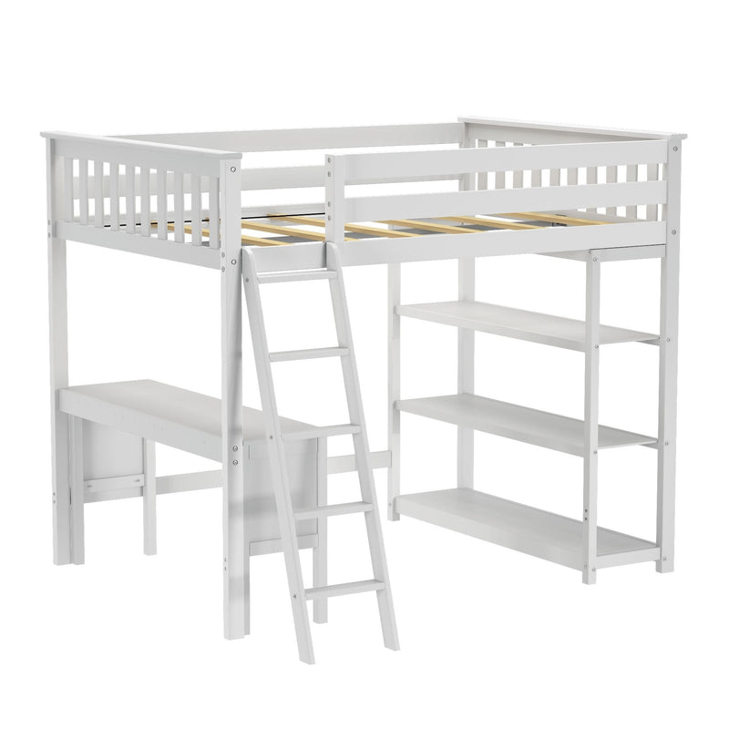 White wooden loft bed with ladder, built-in desk bench and three open storage shelves, slatted mattress support — modern kids loft bed frame