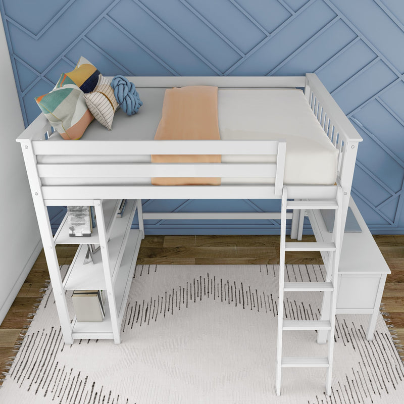 White loft bed with ladder and built-in desk, blue geometric accent wall, colorful throw pillows and peach blanket in modern kids' bedroom