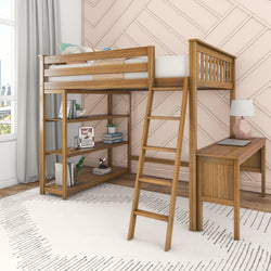Stylish wooden loft bed with integrated desk and storage shelves in a modern bedroom.