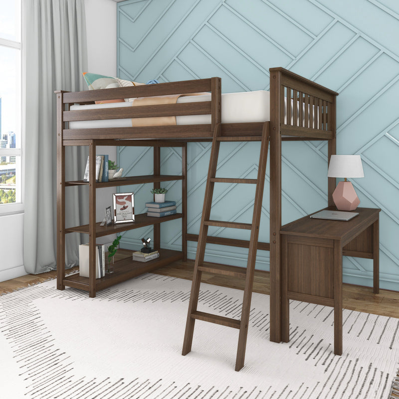 Modern wooden loft bed with ladder, built-in desk and open shelving against blue geometric accent wall in children's bedroom