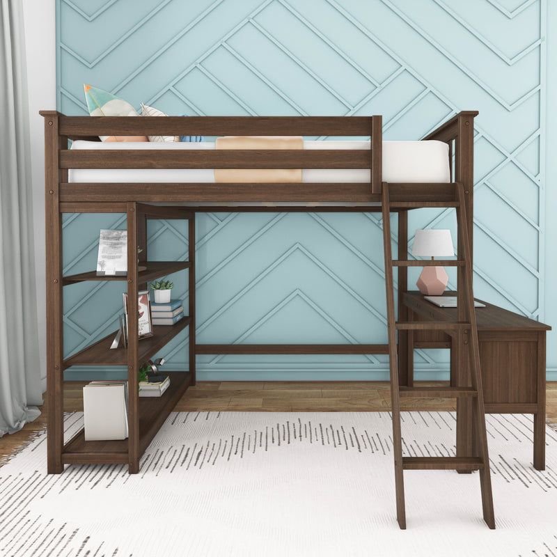 Dark wood twin loft bed with built-in desk and shelves in a kids' room, blue geometric accent wall, ladder, lamp and white rug