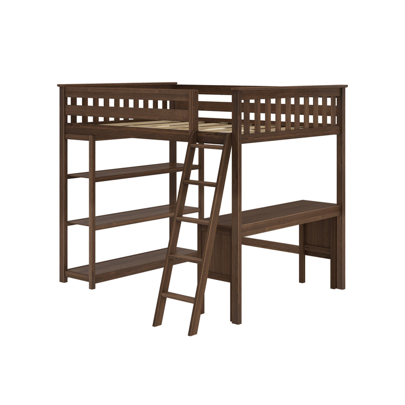 Dark brown wooden loft bed with ladder, built-in desk and open shelving for space-saving kids' bedroom