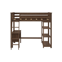 Brown wooden loft bed with integrated ladder, desk, and storage shelves for space-saving bedroom furniture.