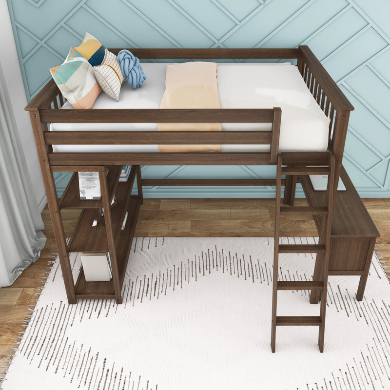 Wooden loft bed with ladder, built-in storage shelves, white mattress and colorful decorative pillows against a blue geometric accent wall — space‑saving kids bedroom furniture