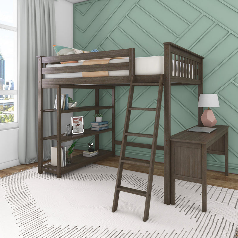 Dark wood loft bed with ladder, integrated desk and shelving in modern kids bedroom with mint green geometric accent wall and window