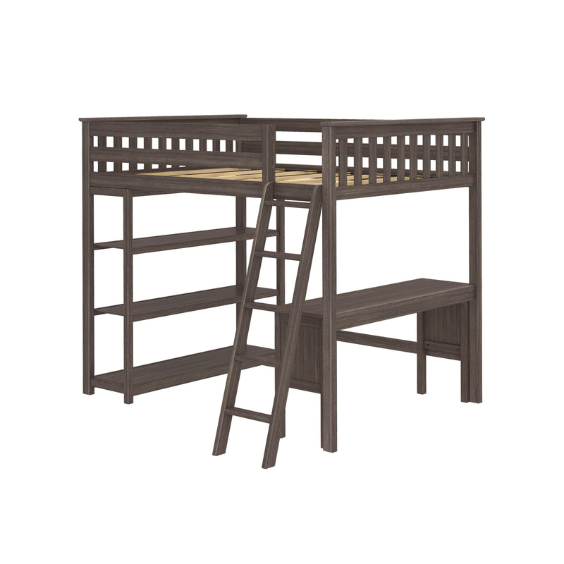 Dark walnut twin loft bed with angled ladder, slatted safety rails and integrated desk with open shelving — space-saving kids and teen bedroom furniture