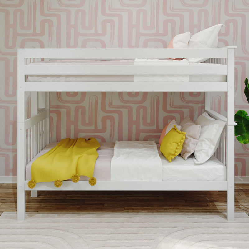White wooden bunk bed in modern kids' bedroom with pink geometric wallpaper, yellow throw and pillows, hardwood floor and potted plant
