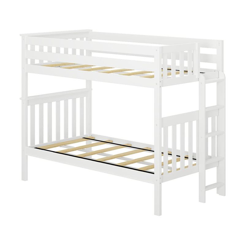 White wooden twin-over-twin bunk bed with ladder, slatted safety rails and frame for kids' bedroom, space-saving