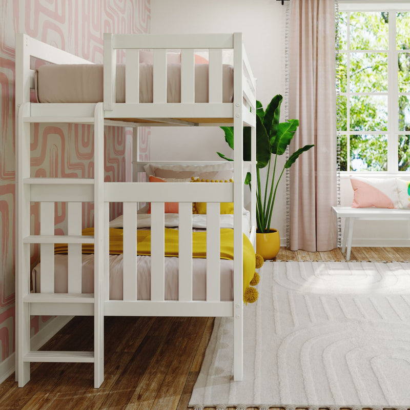 White wooden bunk bed in modern pastel kids bedroom with pink geometric wallpaper, yellow bedding accents, large window and indoor plant
