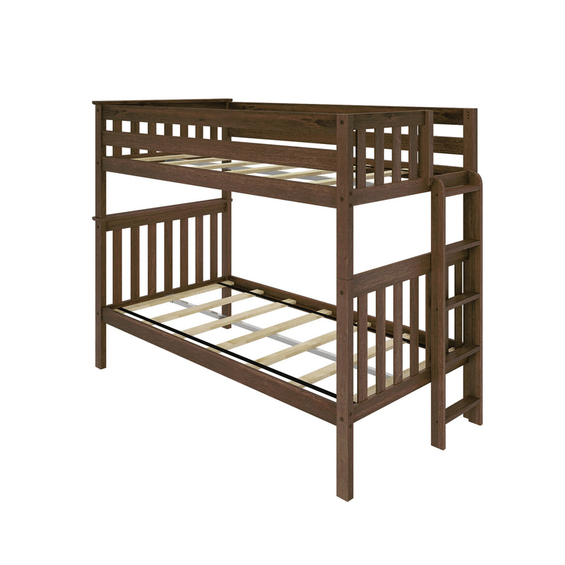 Espresso solid wood twin-over-full bunk bed frame with slatted guardrails, built-in ladder and platform slats — space-saving wooden bunk for kids' bedroom