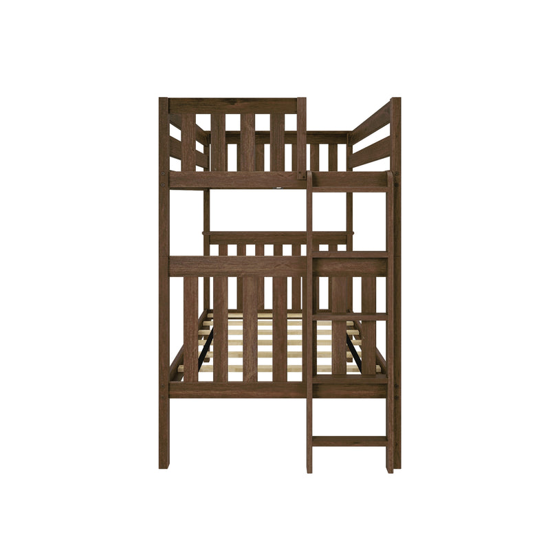 Dark brown solid wood twin-over-twin bunk bed with ladder, slatted guardrails and wooden slat support frame for kids' bedroom