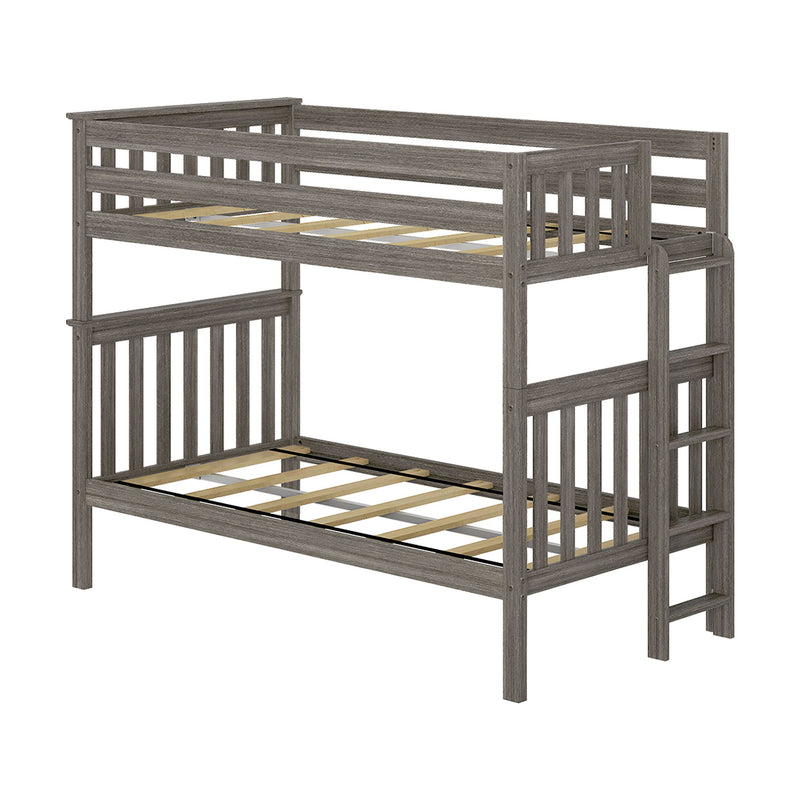 Gray wood twin-over-full bunk bed frame with ladder, slatted guardrails and wooden mattress slats in modern gray oak finish