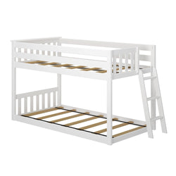 White wooden bunk bed with ladder and safety rails, modern kids' bedroom furniture.