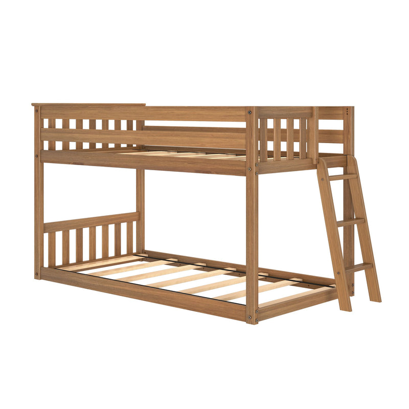 Loft-style wooden bunk bed with ladder and slatted mattress supports, natural oak finish, space-saving kids' bedroom furniture