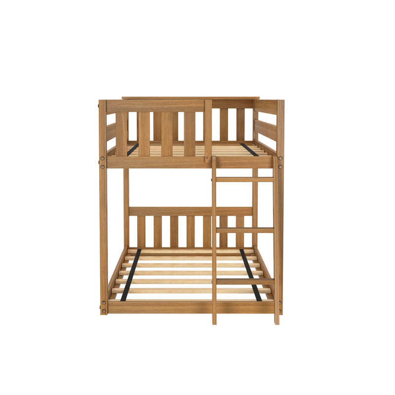 Two-level wooden bunk bed frame with center ladder and slatted mattress supports, natural oak finish on white background