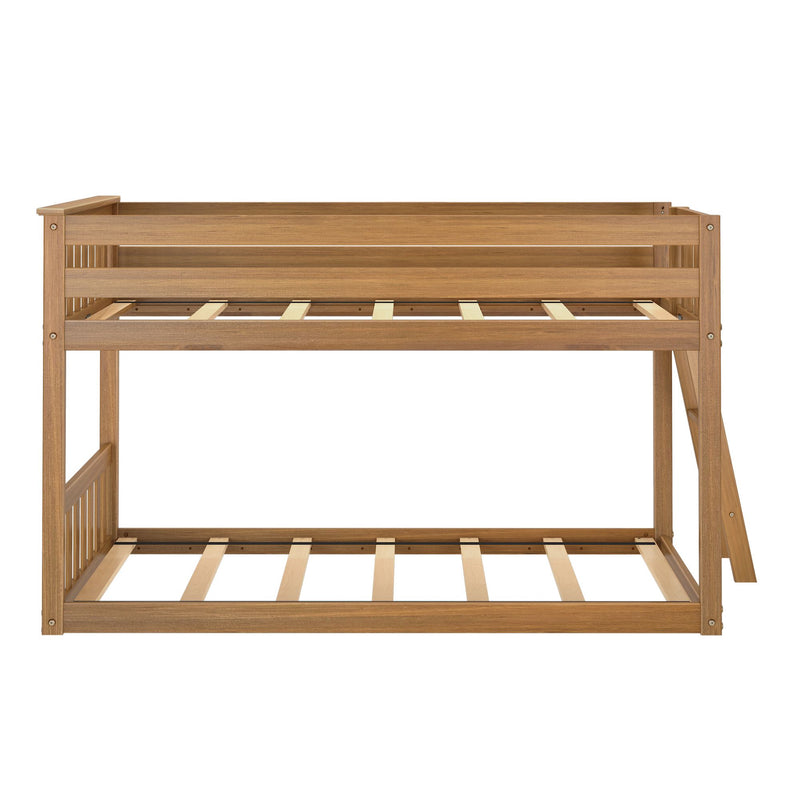 Loft-style wooden bunk bed frame in natural wood finish with slatted mattress supports, side guardrails, and ladder