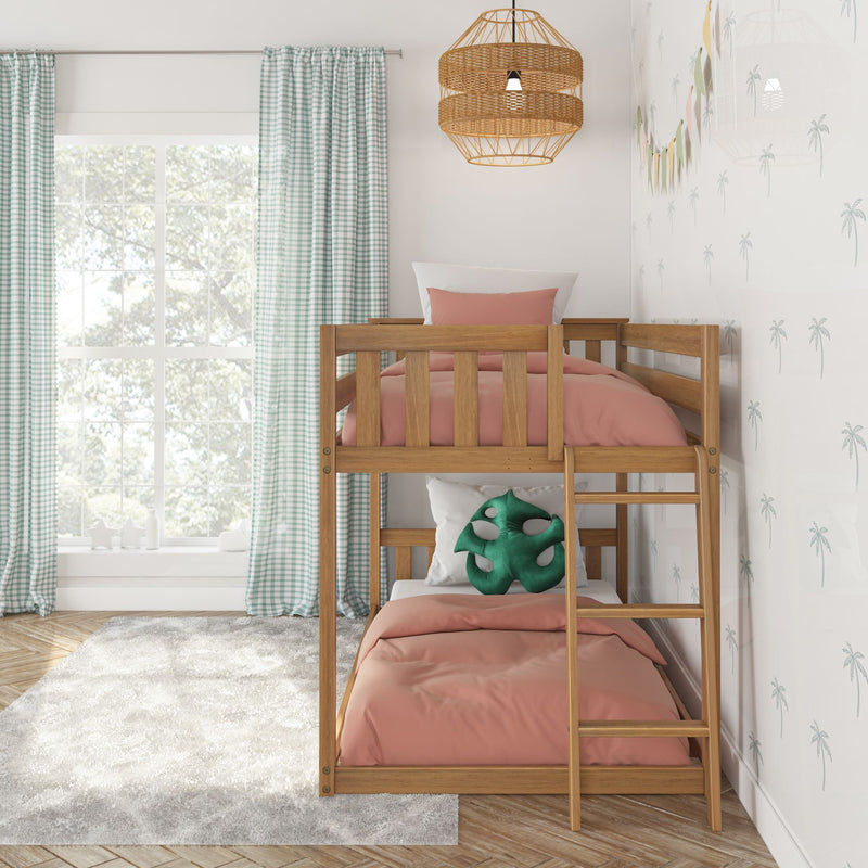 Wooden bunk bed with pink bedding and green leaf pillow in bright children's bedroom featuring mint gingham curtains, rattan pendant light and palm-print wallpaper
