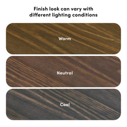 Wood finish variations in warm, neutral, and cool tones under different lighting conditions.