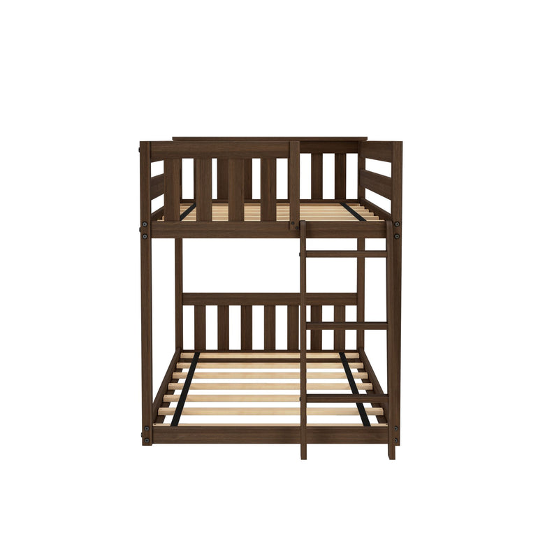 Dark brown solid wood bunk bed frame with ladder, guardrails and slatted mattress supports — modern kids' bedroom furniture