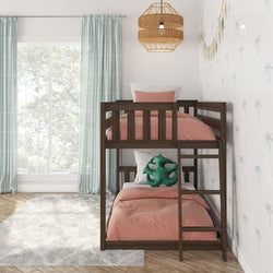 Stylish kids room with dark wood bunk bed, peach bedding, and tropical-themed decor.