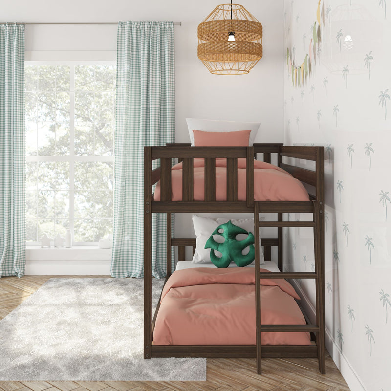 Modern kids bedroom with dark wood bunk bed, coral pink bedding, mint gingham curtains, rattan pendant light and palm-print wallpaper, bright window and cozy nursery decor