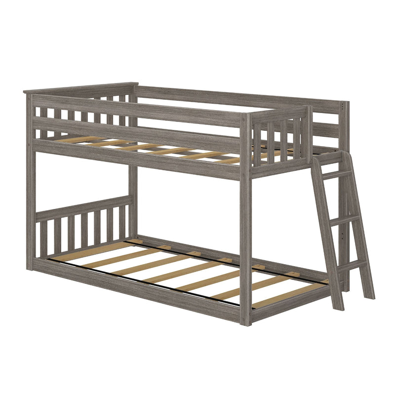 Gray wood twin-over-full bunk bed with ladder, slatted guardrails and wooden mattress slats, rustic space-saving bedroom furniture