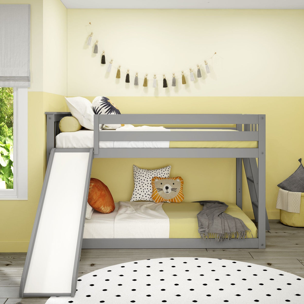 185321-121 : Bunk Beds Twin over Twin Low Bunk Bed with Ladder on End and Slide, Grey