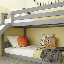 185321-121 : Bunk Beds Twin over Twin Low Bunk Bed with Ladder on End and Slide, Grey