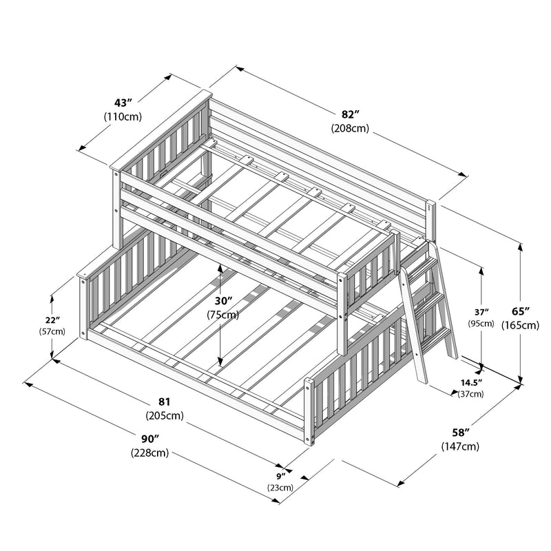 Isometric assembly diagram of a wooden twin-over-full bunk bed frame with ladder, guard rails, slats and labeled dimensions (inches/cm)