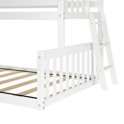 White wooden bunk bed frame with ladder and slatted base.