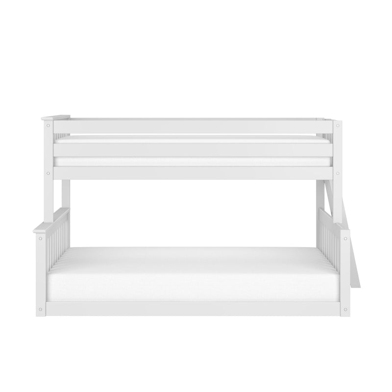 White wooden twin-over-full bunk bed frame with top guardrail and ladder, modern children’s bunk bed with mattresses on white background