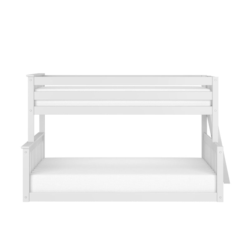 White wooden twin-over-full bunk bed frame with top guardrail and ladder, modern children’s bunk bed with mattresses on white background